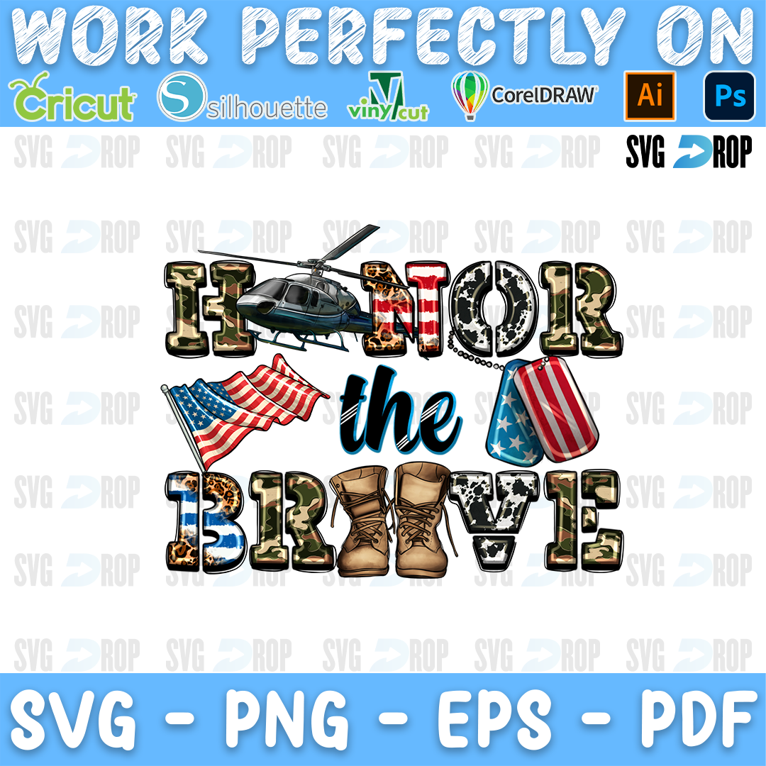 Honor the Brave lettering in camo, flag and police letters with a helicopter, an American flag, dog tags and combat boots. Sublimation PNG