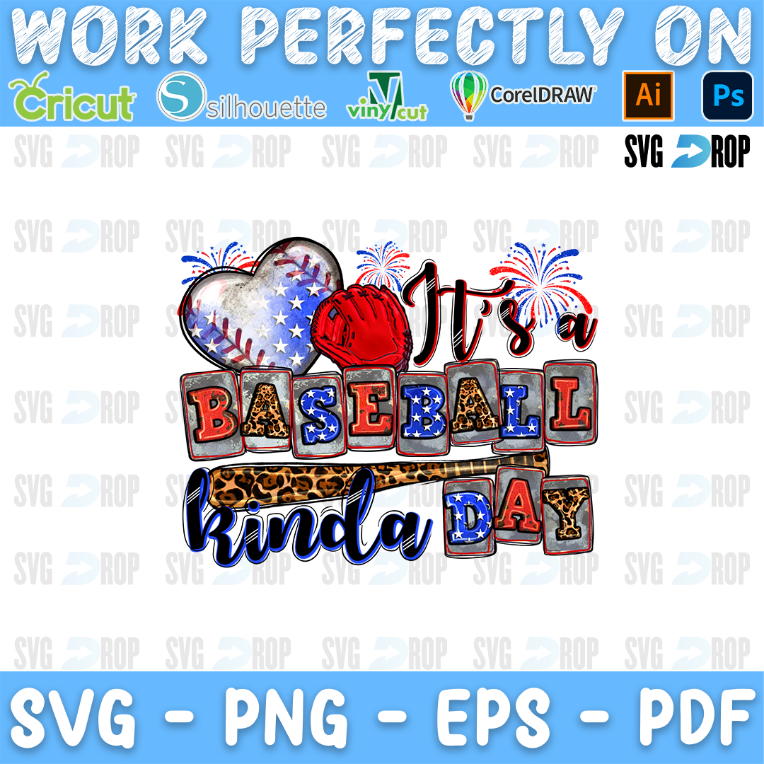 A patriotic baseball sublimation design: a flag print baseball heart with a red glove and fireworks, above Baseball in star. Sublimation PNG