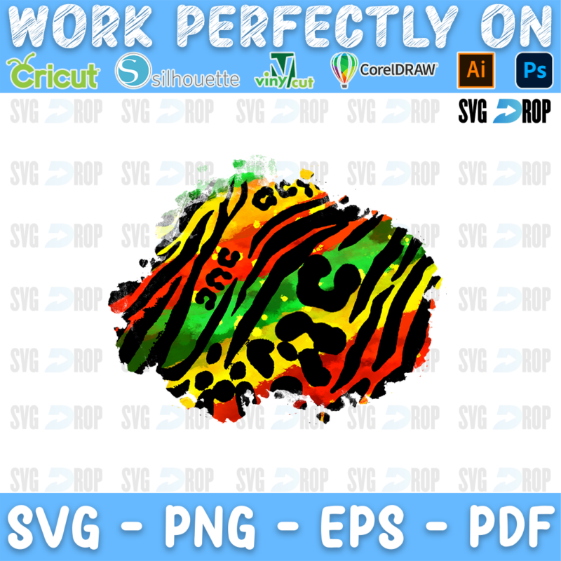 A Juneteenth patch design: a distressed paint splash shape in red, yellow and green, covered with black tiger stripes and a few. Sublimation PNG