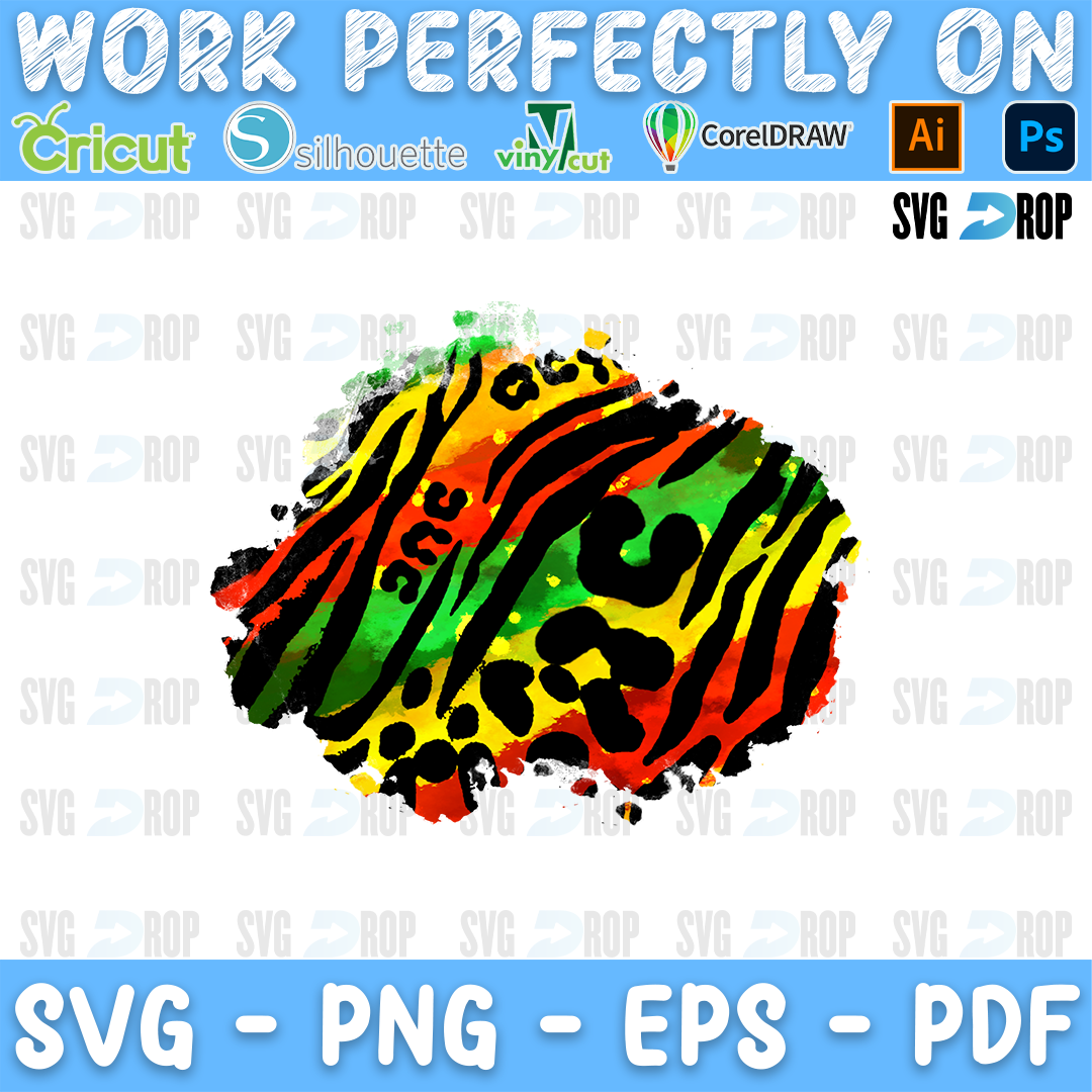 A Juneteenth patch design: a distressed paint splash shape in red, yellow and green, covered with black tiger stripes and a few. Sublimation PNG
