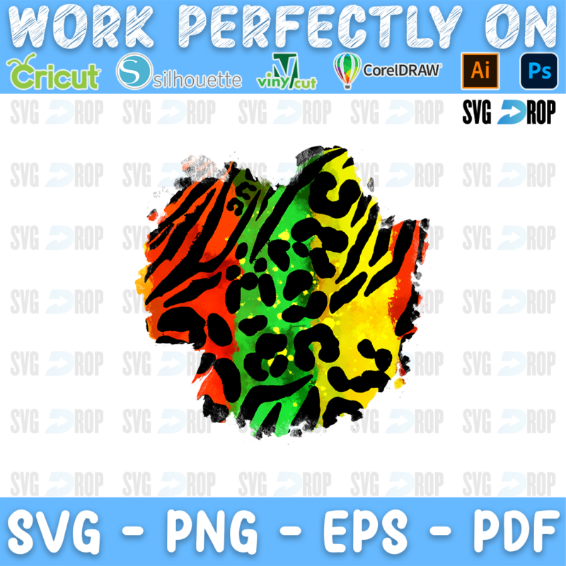 A Juneteenth patch design: a rough brush stroke shape in red, yellow and green, mixing black zebra stripes and leopard spots. Sublimation PNG