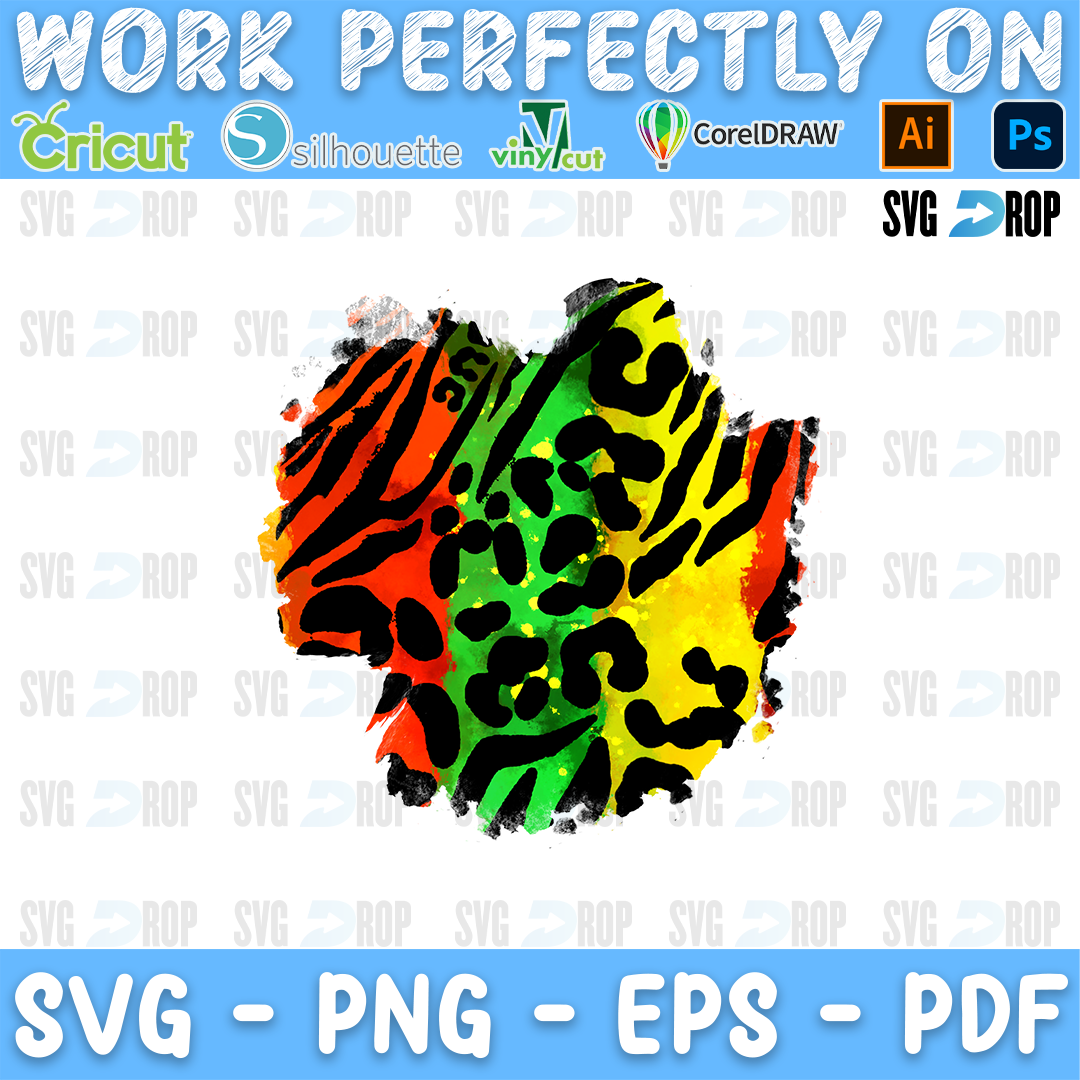 A Juneteenth patch design: a rough brush stroke shape in red, yellow and green, mixing black zebra stripes and leopard spots. Sublimation PNG