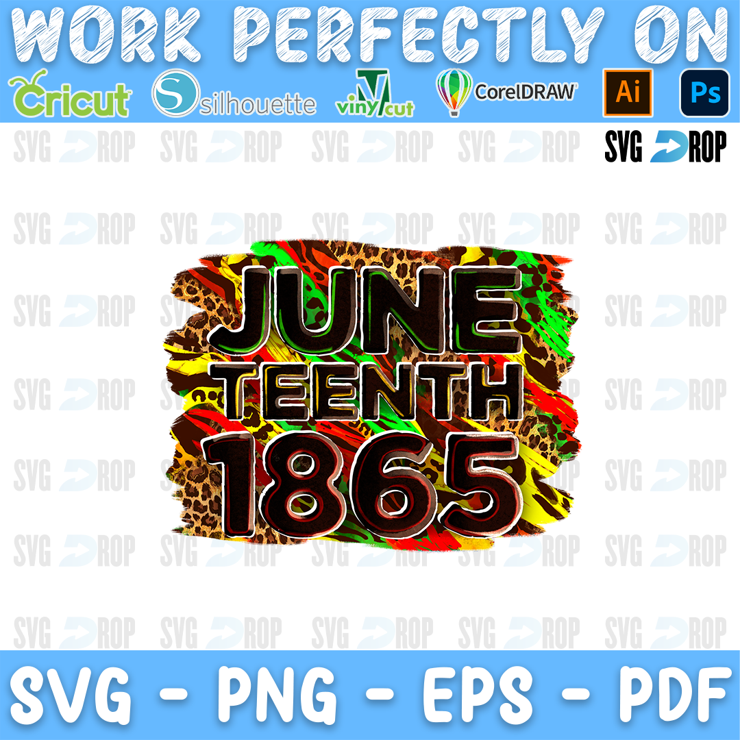 A Juneteenth design: distressed Juneteenth 1865 lettering in black and bronze over a red, yellow and green paint splash with leopard. Sublimation PNG