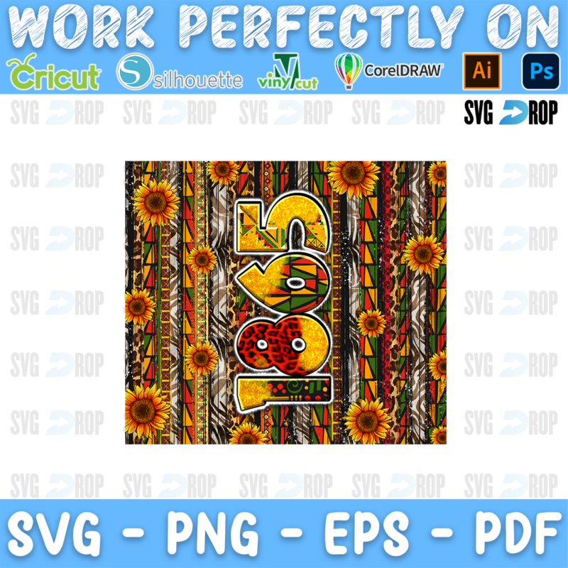 A Juneteenth design: a square with 1865 in sunflower and kente fill over vertical stripes of red, yellow, green, wood and black. Sublimation PNG