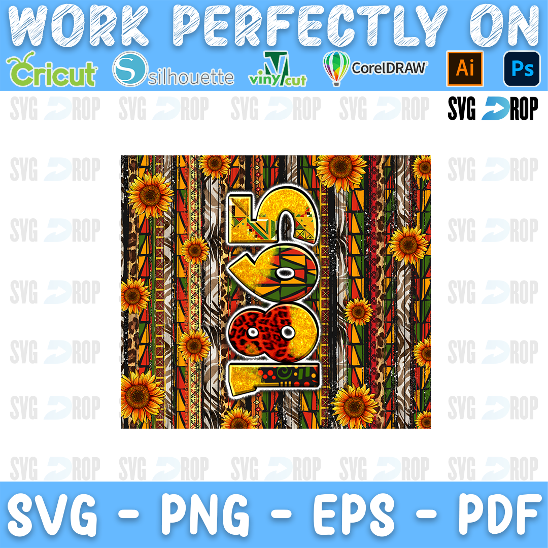 A Juneteenth design: a square with 1865 in sunflower and kente fill over vertical stripes of red, yellow, green, wood and black. Sublimation PNG