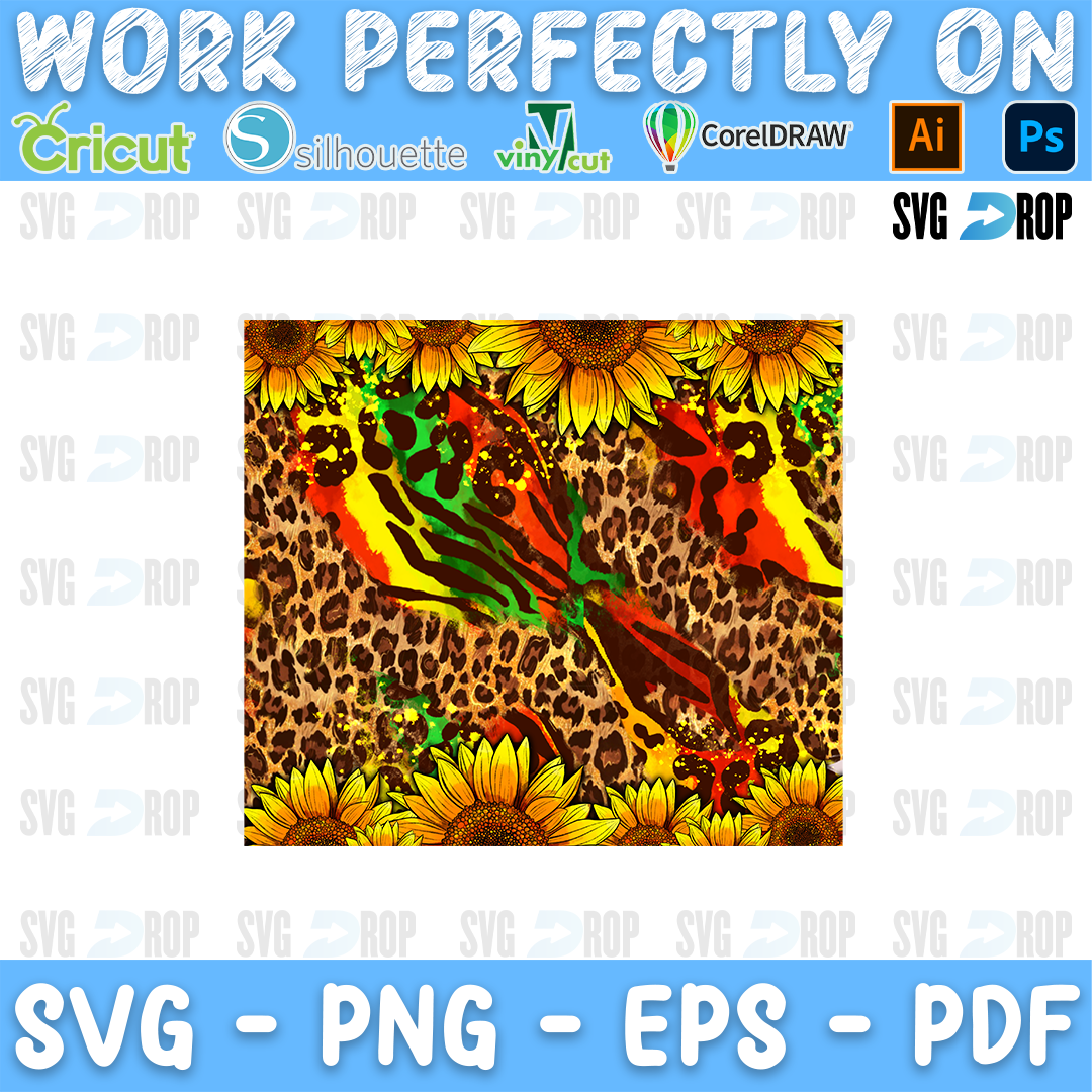 Red, yellow and green leopard shapes on leopard print with sunflower borders. Sublimation PNG