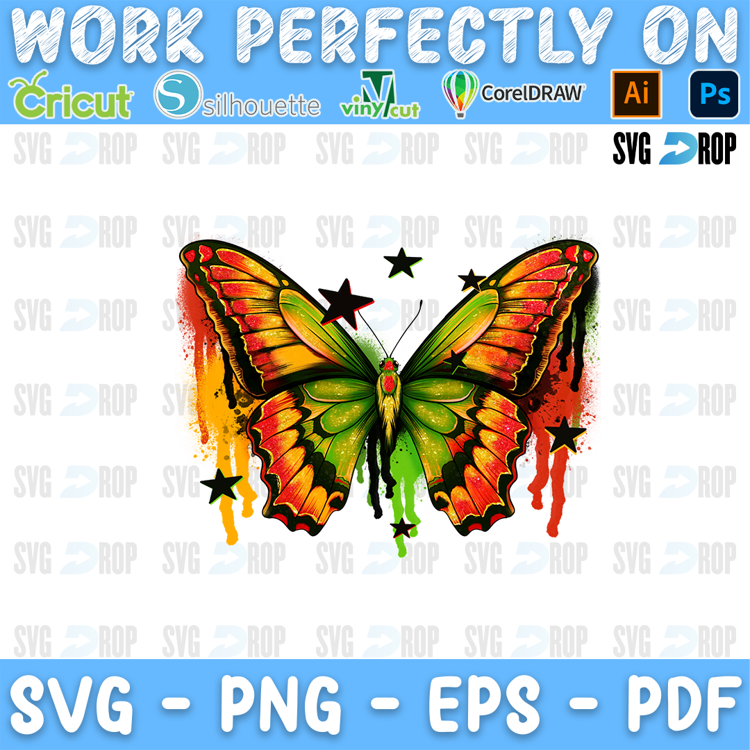 A Juneteenth sublimation design: a butterfly with red, gold and green wings, black stars and paint drips below. Sublimation PNG