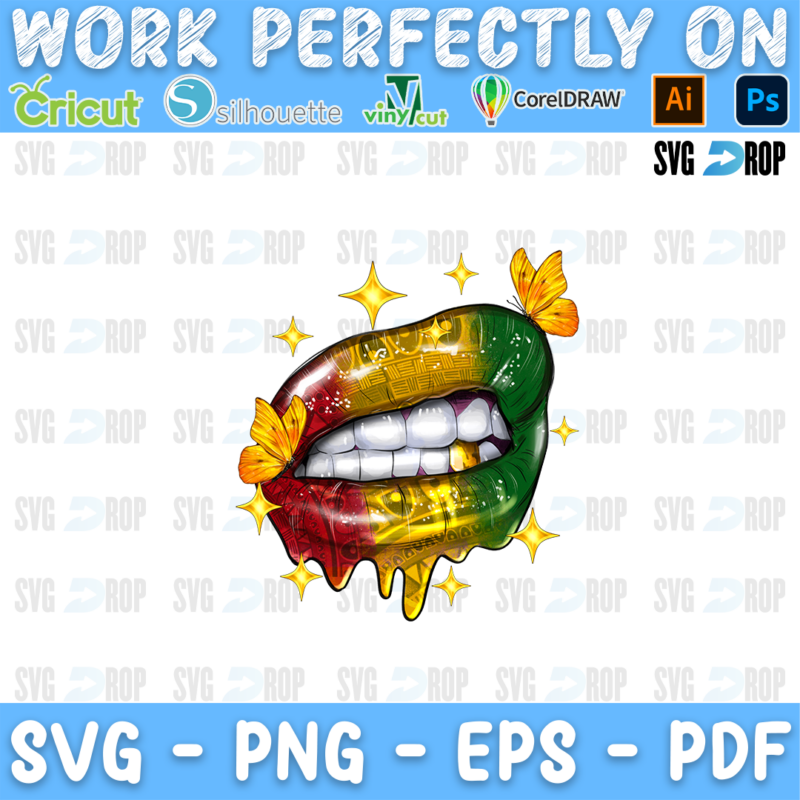 Red, yellow and green glitter lips with gold teeth, drips, butterflies and stars. Sublimation PNG