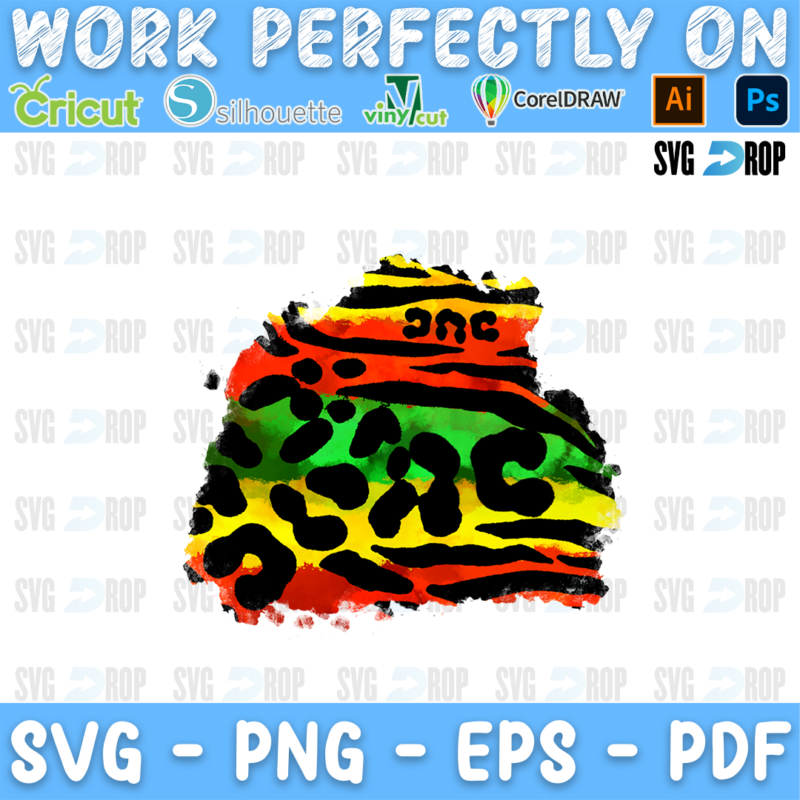 A red, yellow and green leopard print patch with a black brushstroke. Sublimation PNG