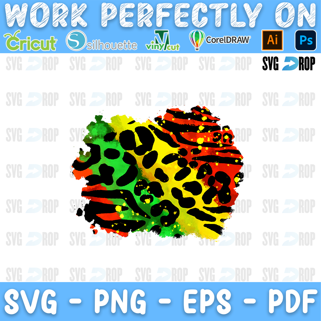 A Juneteenth patch design: a distressed brush stroke shape filled with red, yellow and green leopard print, for use as a background. Sublimation PNG