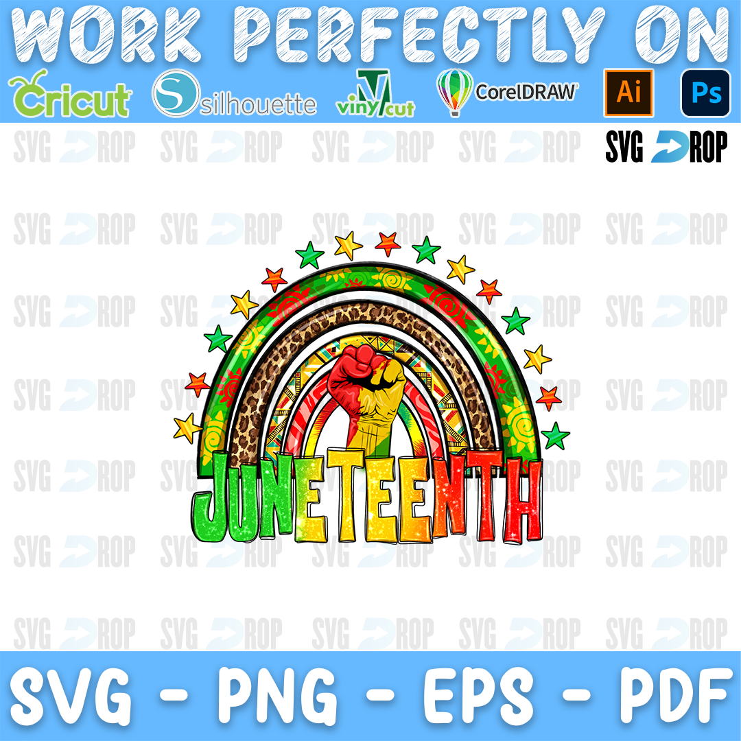 Juneteenth lettering in green and leopard letters with a red, yellow and green rainbow, a raised fist and stars. Sublimation PNG