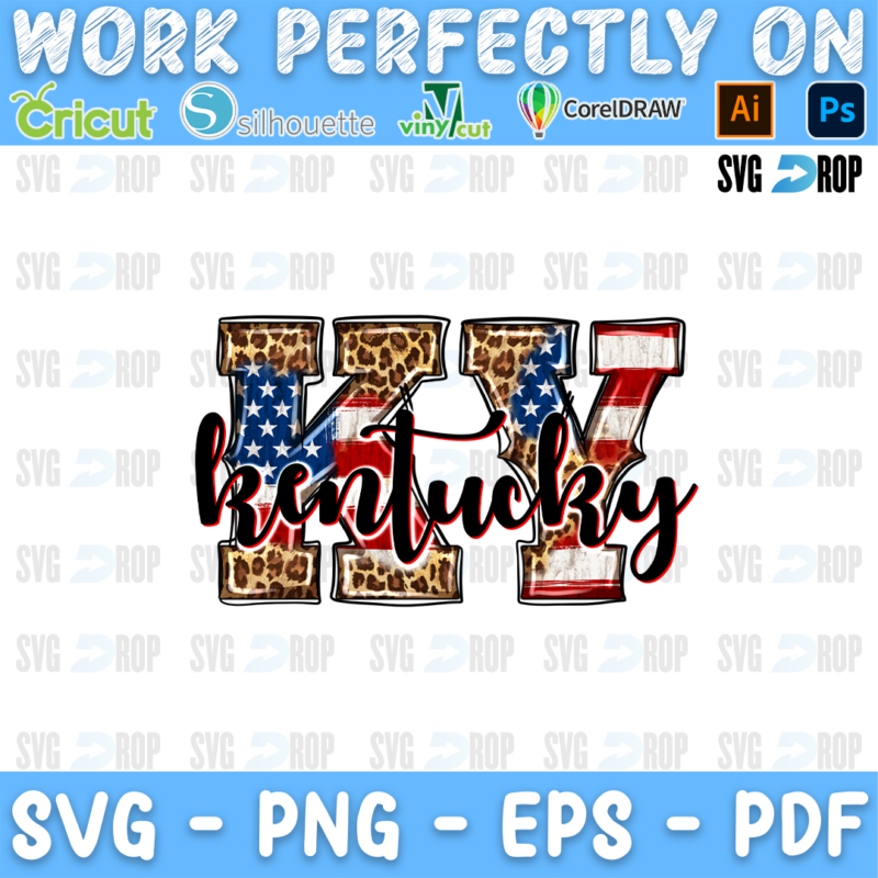 KY Kentucky lettering in American flag and leopard letters with black script. Sublimation PNG