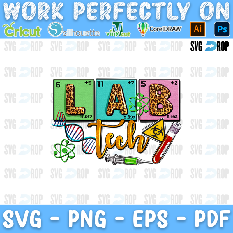 Lab Tech lettering in periodic table tiles and gold script with an atom, a DNA strand, a syringe and a biohazard sign. Sublimation PNG