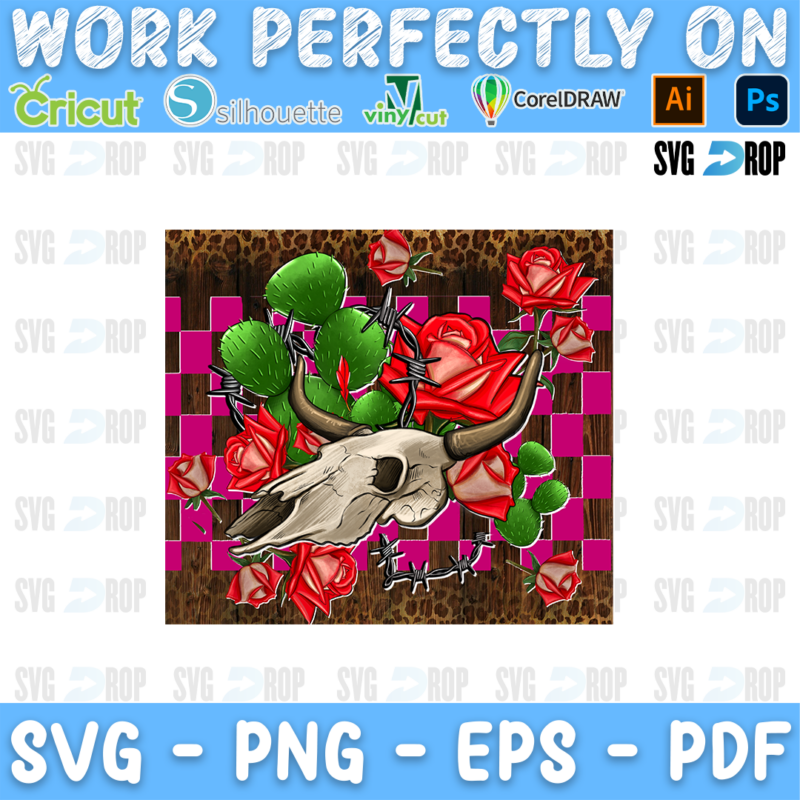 A bull skull with red roses, cactus and barbed wire on a pink checkered and wood background. Sublimation PNG