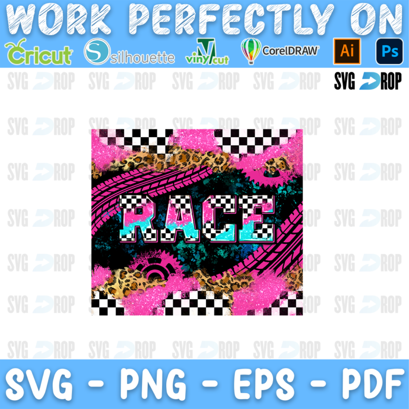 Race lettering in turquoise checkered letters on pink, leopard and checkered panels with tire tracks. Sublimation PNG
