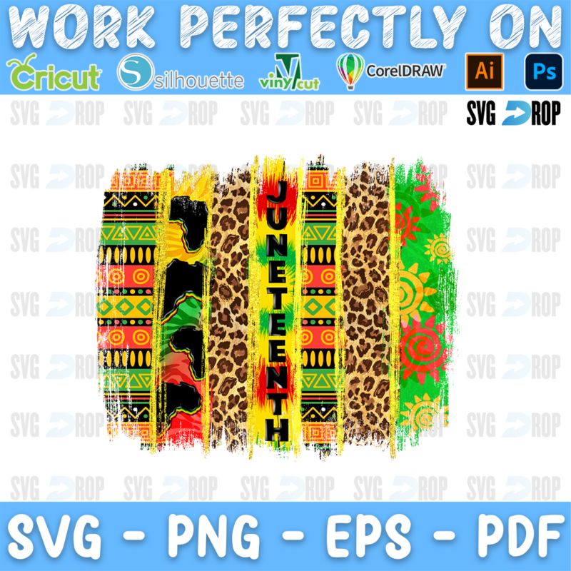 Juneteenth lettering on red, yellow and green kente, leopard and Africa map brushstroke stripes. Sublimation PNG