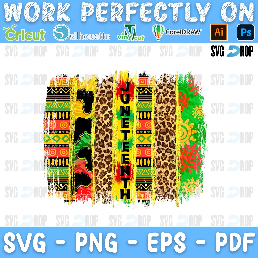 Juneteenth lettering on red, yellow and green kente, leopard and Africa map brushstroke stripes. Sublimation PNG