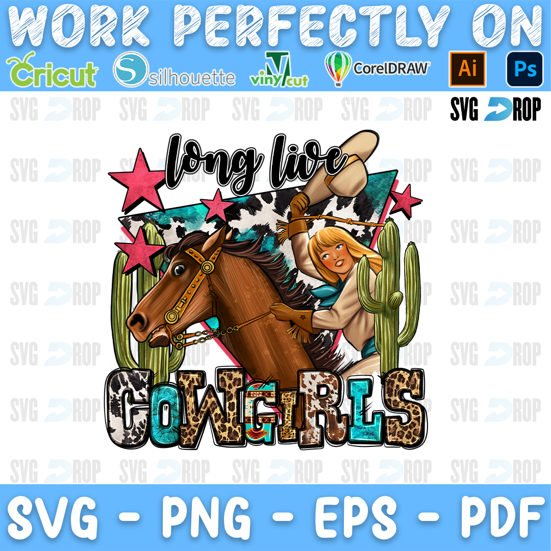 A western design with the words Long Live Cowgirls: a cowgirl riding a bucking horse, pink stars, cactus and cowhide, leopard. Sublimation PNG