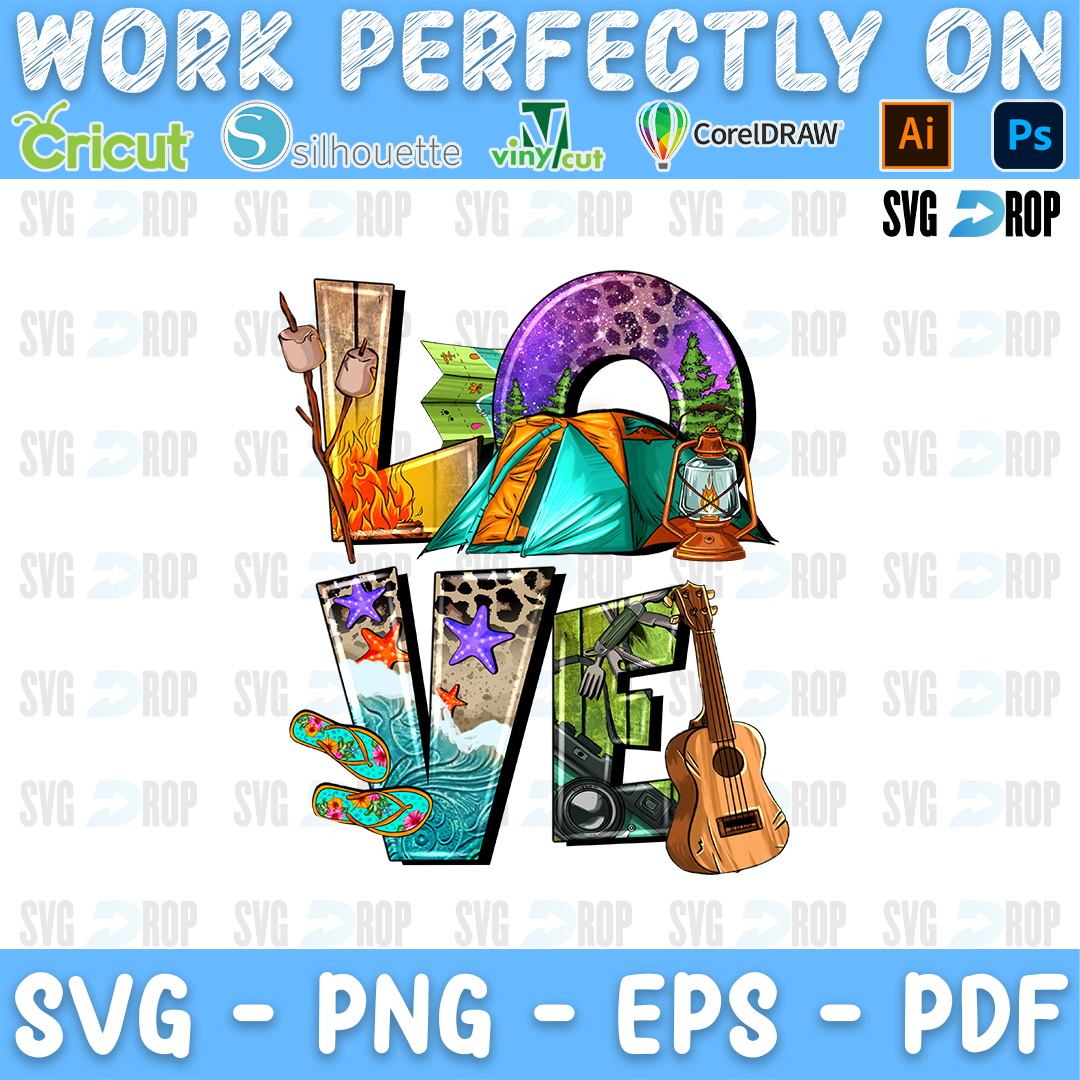 A camping sublimation design: the word Love in stacked letters filled with camping scenes, a tent, a lantern, trees, a guitar. Sublimation PNG