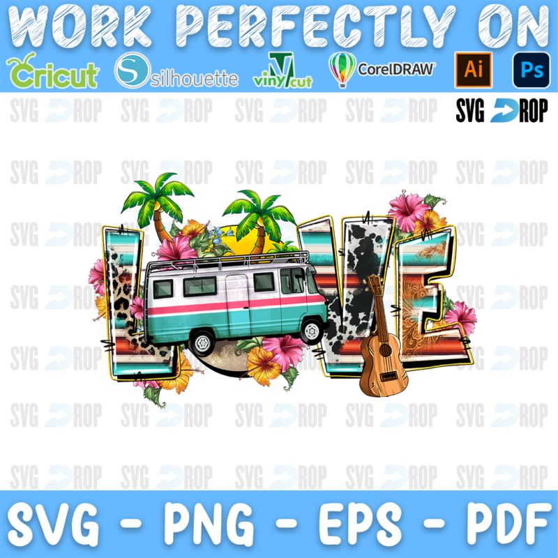 A camping sublimation design: the word Love in cowhide, leopard and wood letters with a vintage RV camper, palm trees, hibiscus. Sublimation PNG