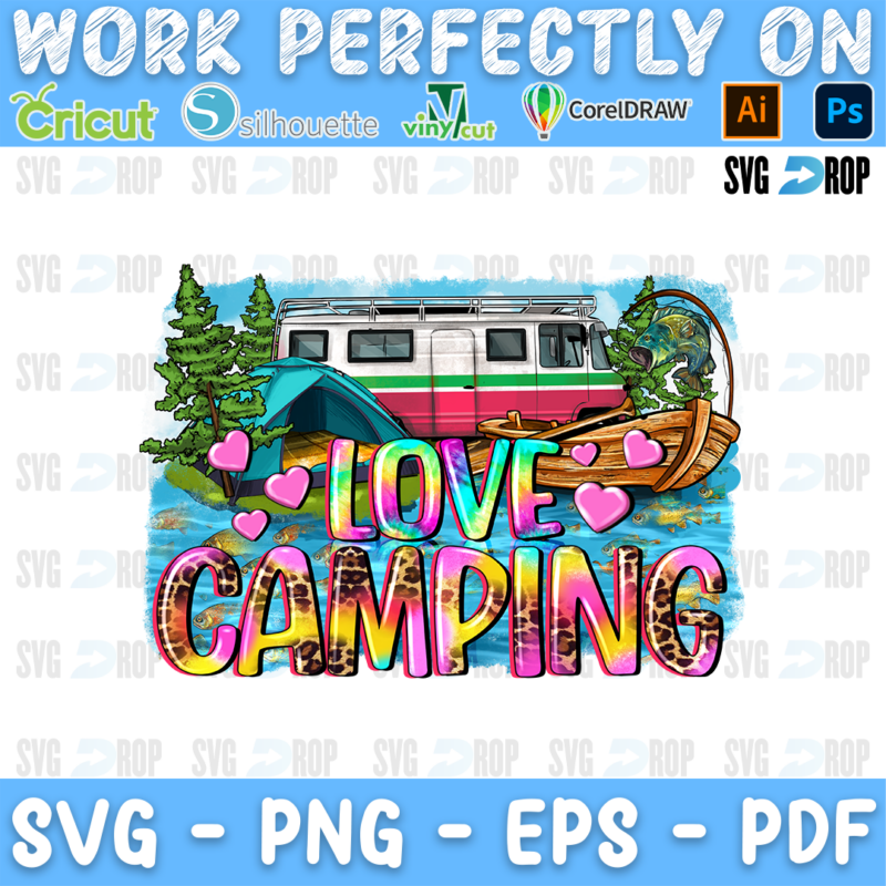 A camping sublimation design: a camper van, pine trees and a canoe by a lake, with Love Camping written in pink, rainbow and leopard. Sublimation PNG