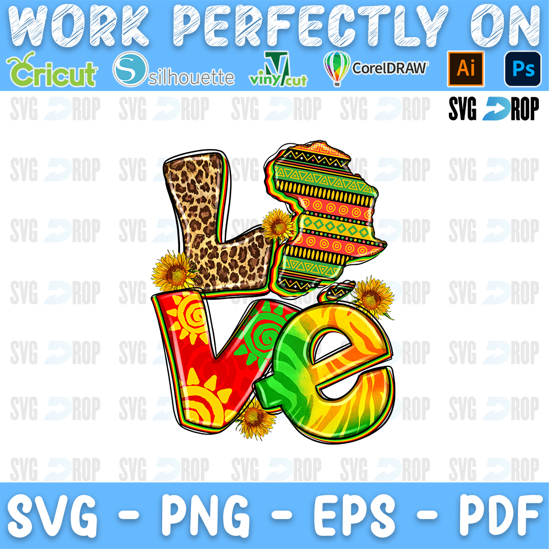 LOVE in leopard, kente and red, yellow, green patterned letters with an Africa map and sunflowers. Sublimation PNG