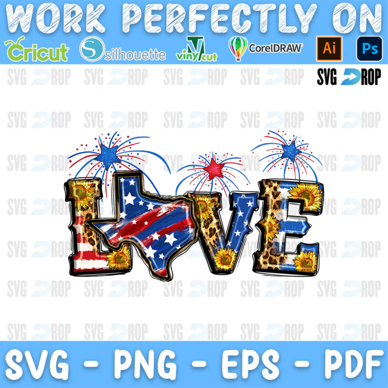 LOVE in leopard and flag letters with an American flag Texas map, sunflowers and fireworks. Sublimation PNG