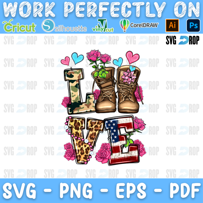 LOVE in camo, leopard and flag letters with combat boots, pink roses and hearts. Sublimation PNG