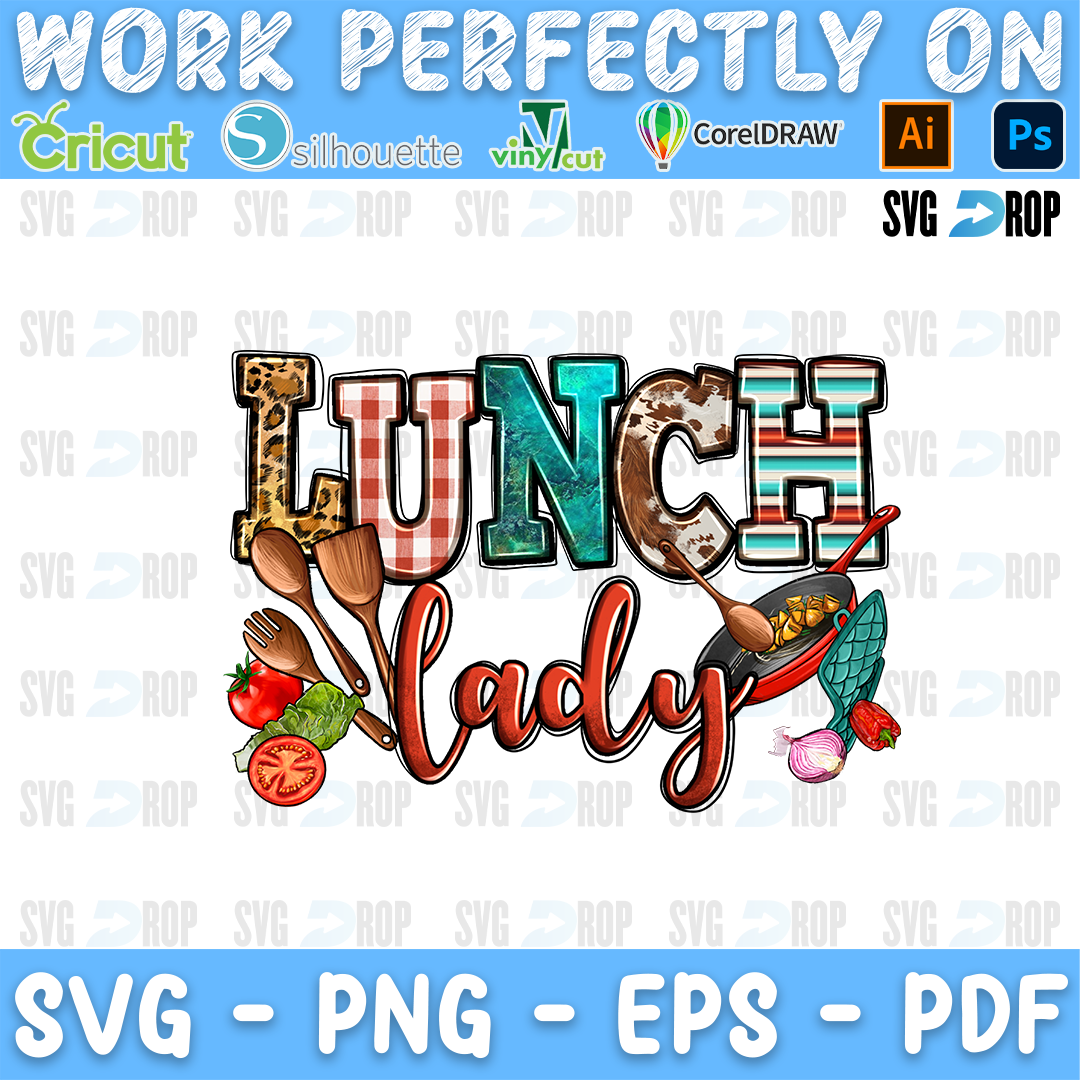 Lunch Lady lettering in leopard, plaid and turquoise letters with red script, cooking utensils and vegetables. Sublimation PNG