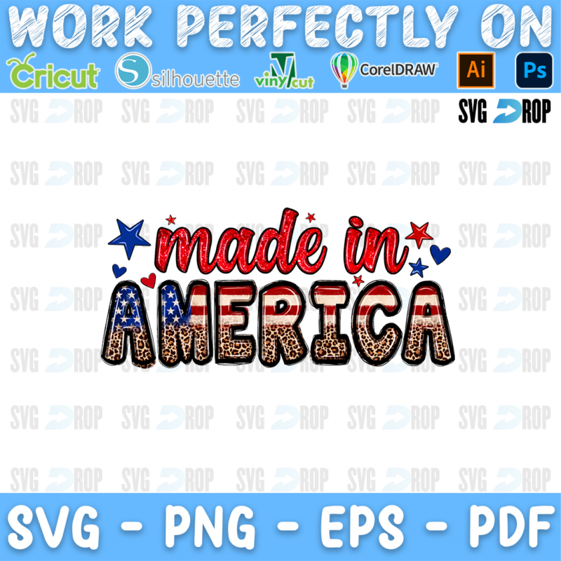 Made in America lettering in red script and American flag, leopard letters with stars. Sublimation PNG