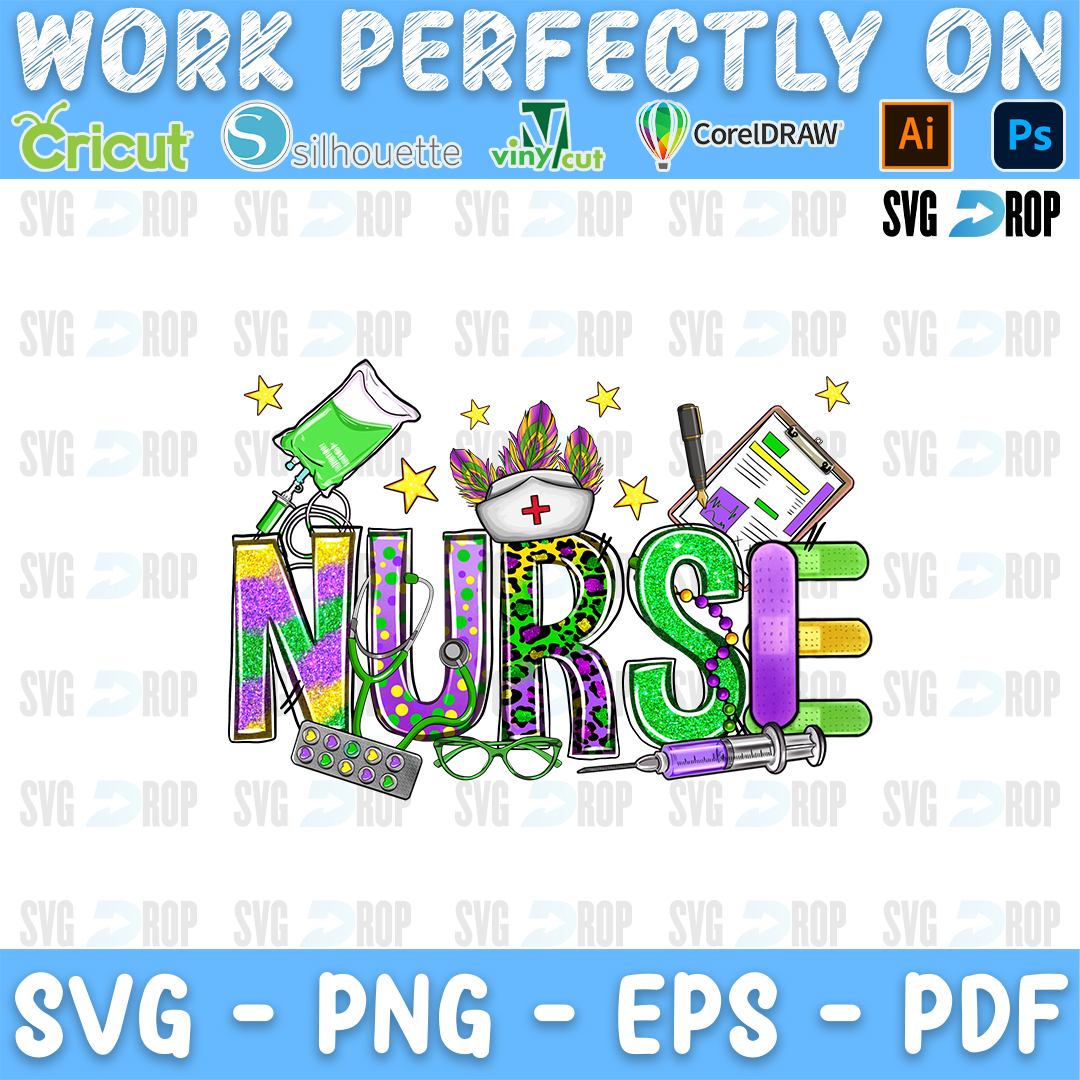Nurse lettering in Mardi Gras purple, green and gold letters with a nurse cap, a clipboard and medical tools. Sublimation PNG