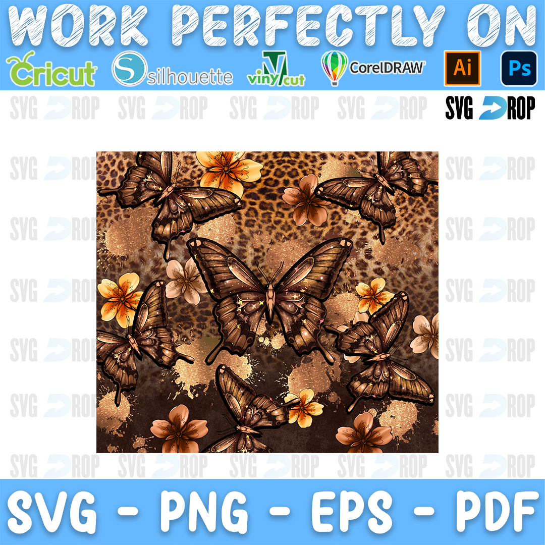 Brown butterflies and flowers on brown leopard print. Sublimation PNG