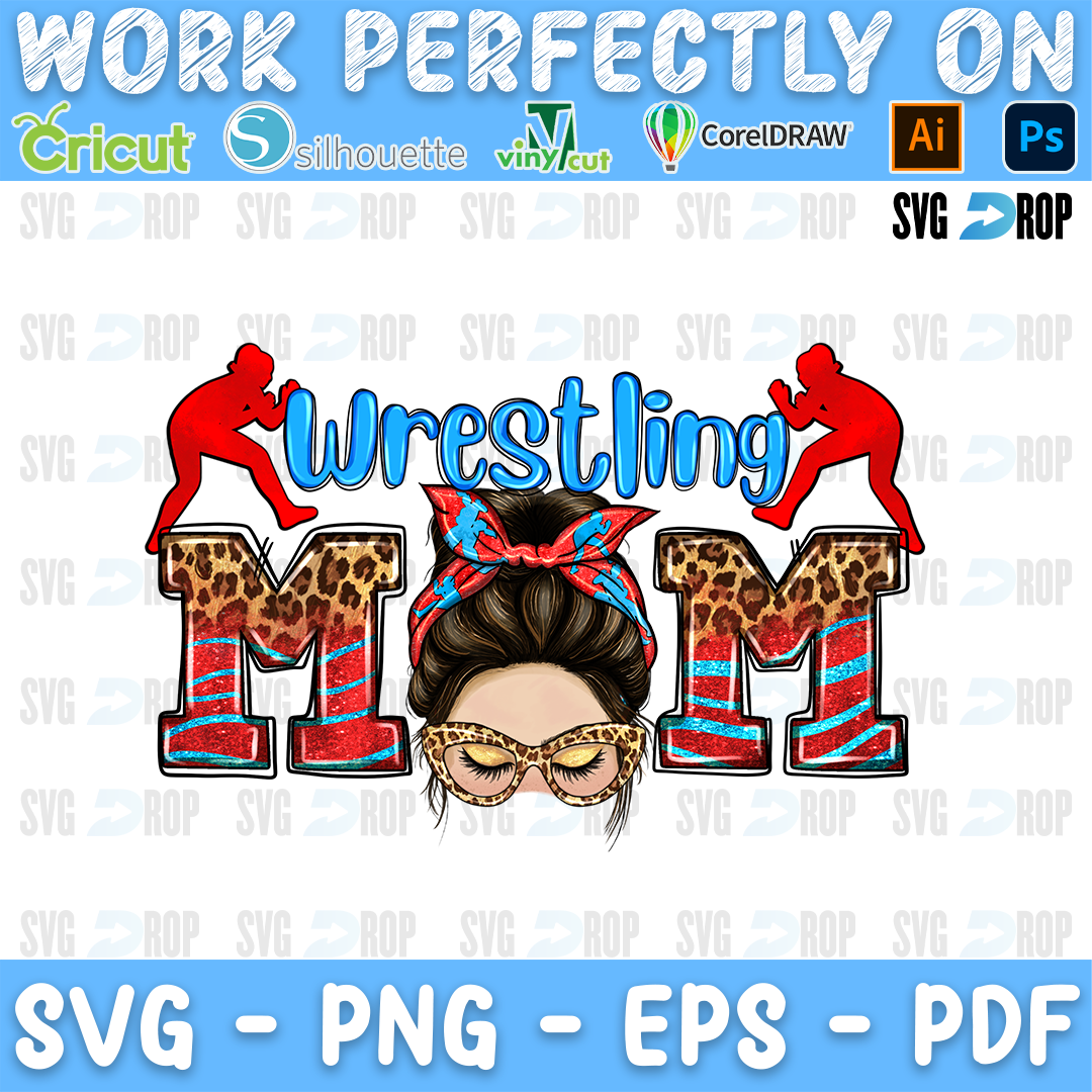 Wrestling Mom lettering in blue script and leopard, red letters with a messy bun mom in a bandana and wrestlers. Sublimation PNG