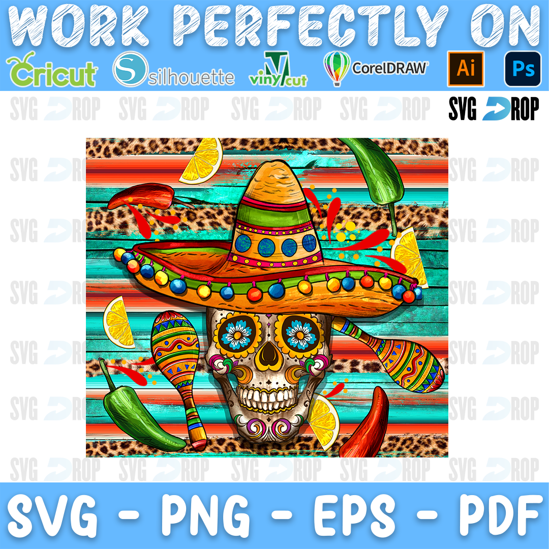 A Mexican sugar skull wearing a sombrero with maracas, chili peppers and lemons on colorful serape stripes. Sublimation PNG