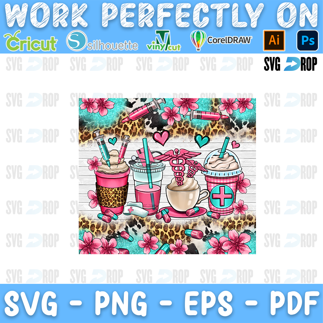 Nurse Coffee Cups Floral Background PNG
