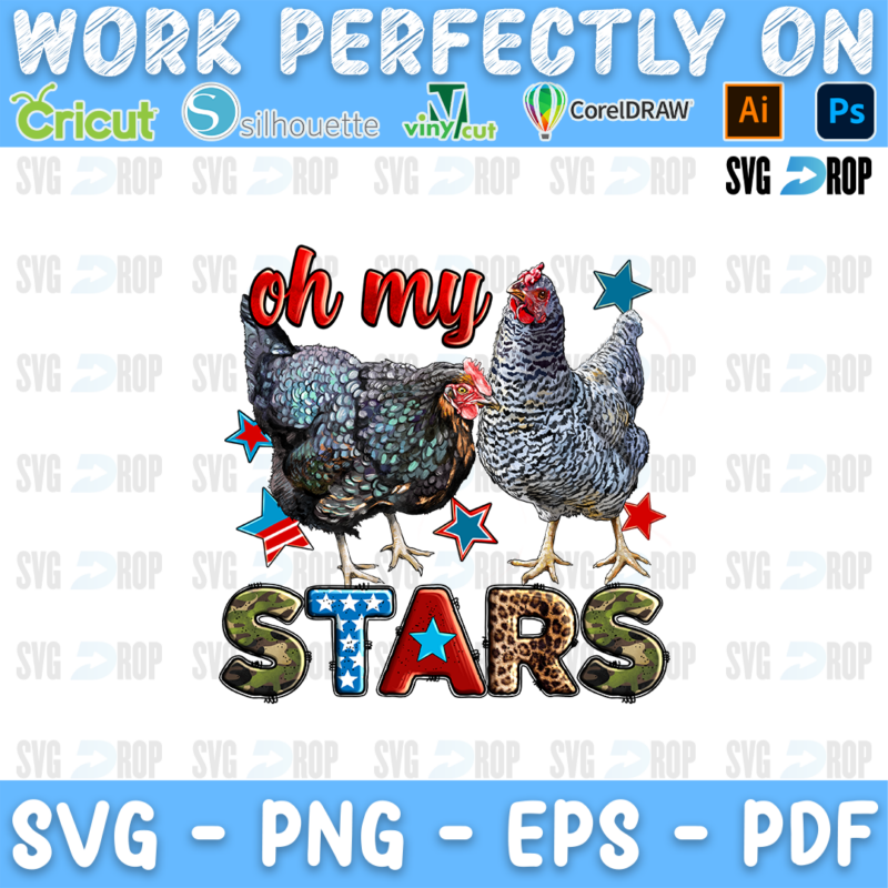 Oh My Stars lettering in red script and camo letters with two chickens and stars. Sublimation PNG