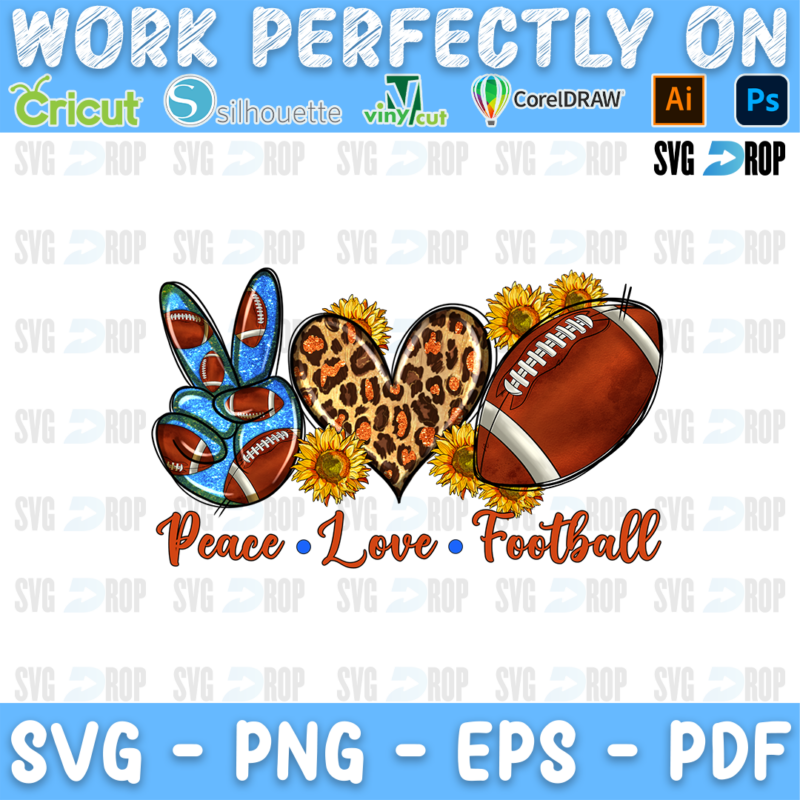 Peace Love Football lettering in orange script with a football peace sign, a leopard heart, a football and sunflowers. Sublimation PNG