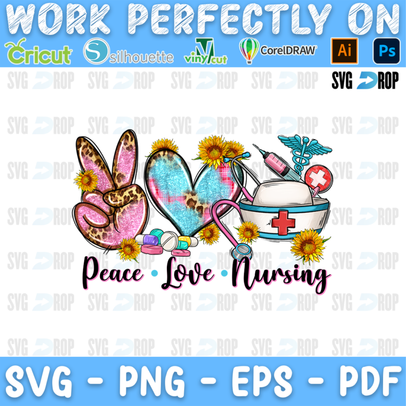 Peace Love Nursing lettering in black script with a pink leopard peace sign, a turquoise heart, a nurse cap and sunflowers. Sublimation PNG