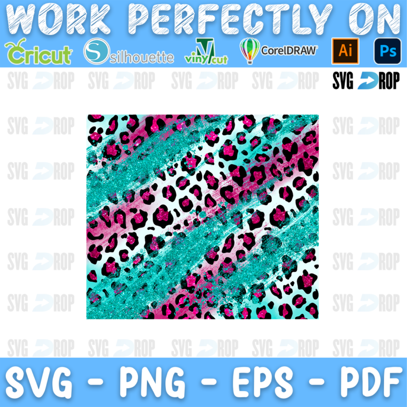 Pink leopard print with turquoise glitter diagonal stripes. Sublimation PNG