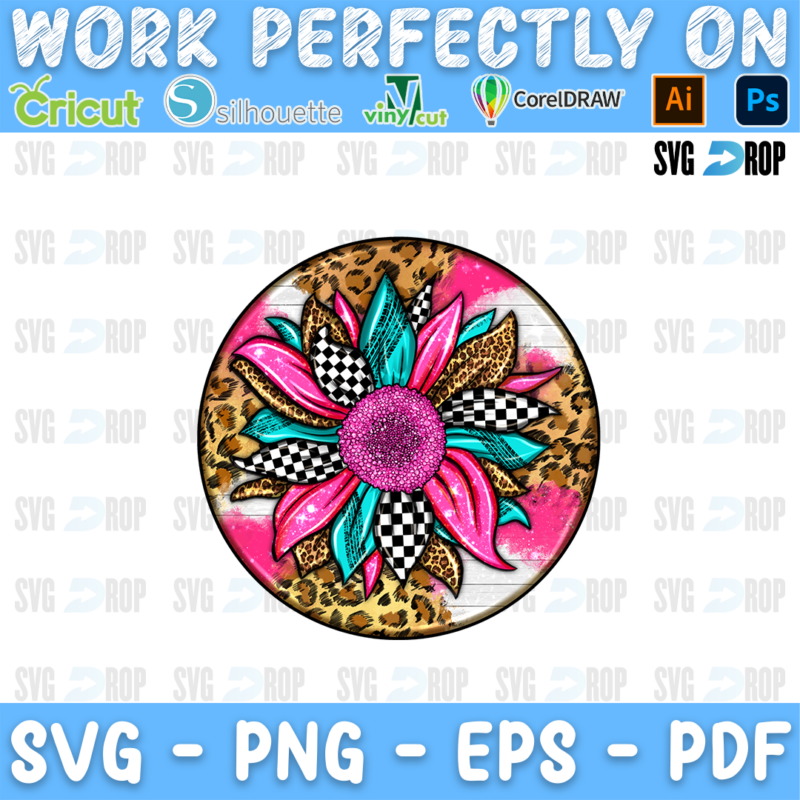 A round car coaster with a pink, turquoise, checkered and leopard sunflower on a leopard print circle. Sublimation PNG
