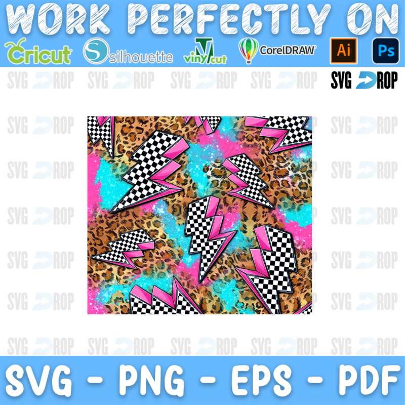 A racing background design: pink lightning bolts and checkered flag pieces scattered over leopard print, turquoise and pink patches. Sublimation PNG