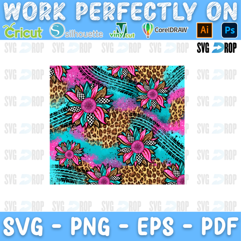A racing background design: pink and turquoise sunflowers with checkered petals over leopard print, turquoise and pink stripes. Sublimation PNG