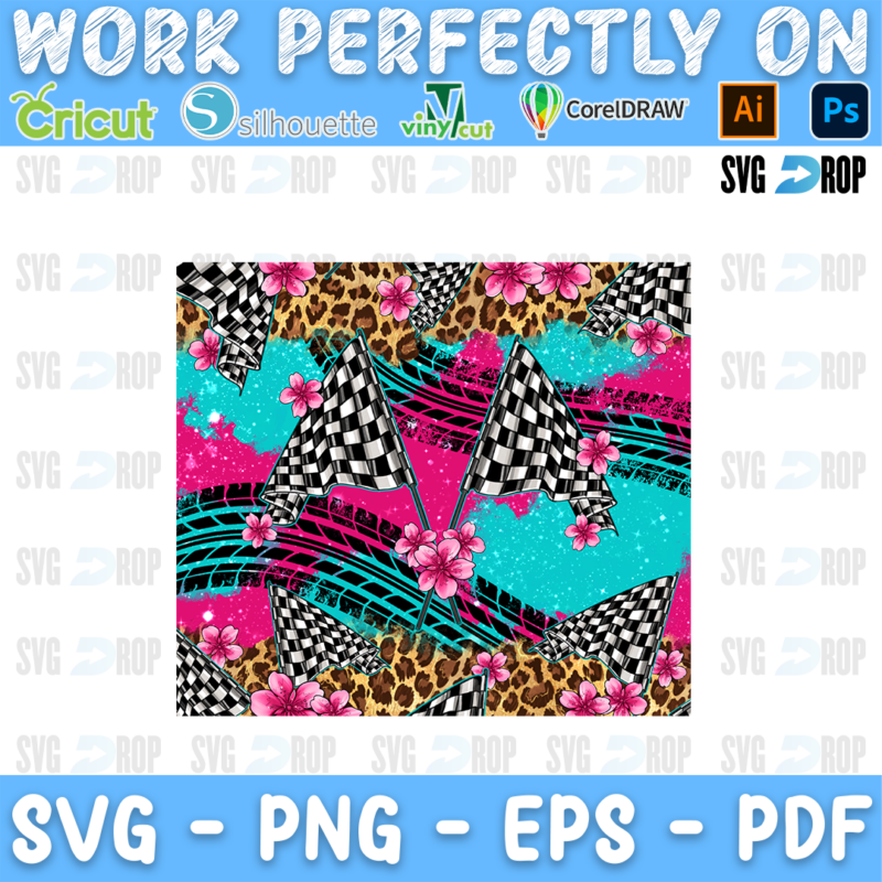 A racing background design: checkered flags and pink flowers over leopard print, pink and turquoise patches with tire tracks. Sublimation PNG