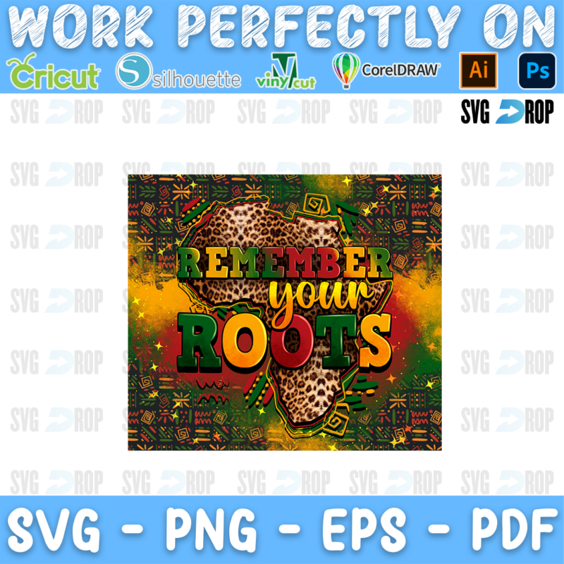 A Black pride sublimation panel: a leopard Africa map with Remember Your Roots in red, gold and green letters over a dark kente. Sublimation PNG