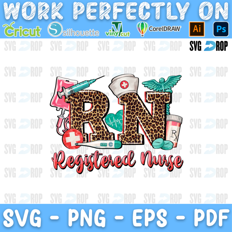 A nurse design: big RN letters in leopard and pink patterns with a nurse cap, syringe, stethoscope, pills and a caduceus, above. Sublimation PNG