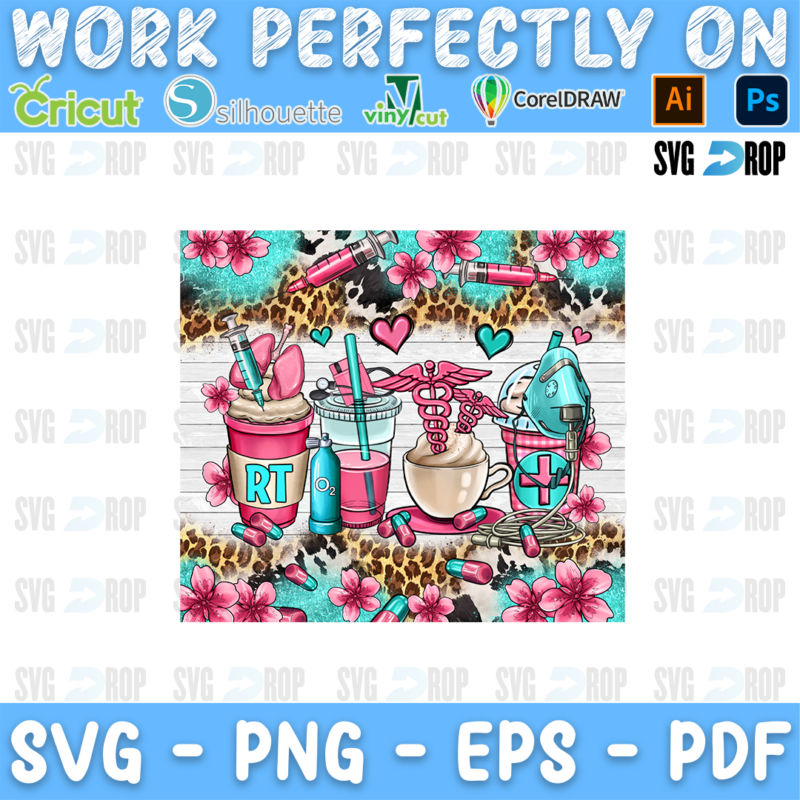 RT coffee cups in pink and turquoise with lungs, a caduceus and pink flowers on white wood, leopard and cowhide. Sublimation PNG