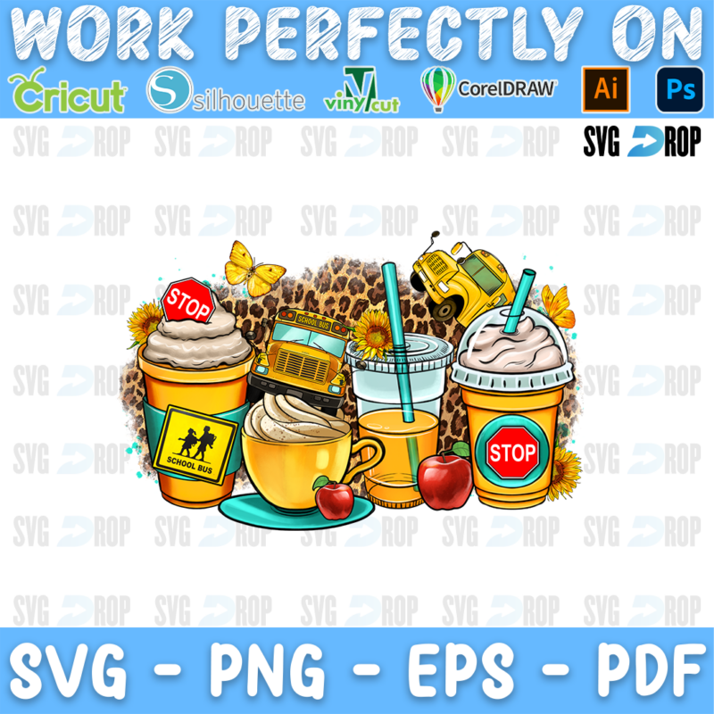 School bus coffee cups with a school bus, stop signs, a school crossing sign and an apple. Sublimation PNG