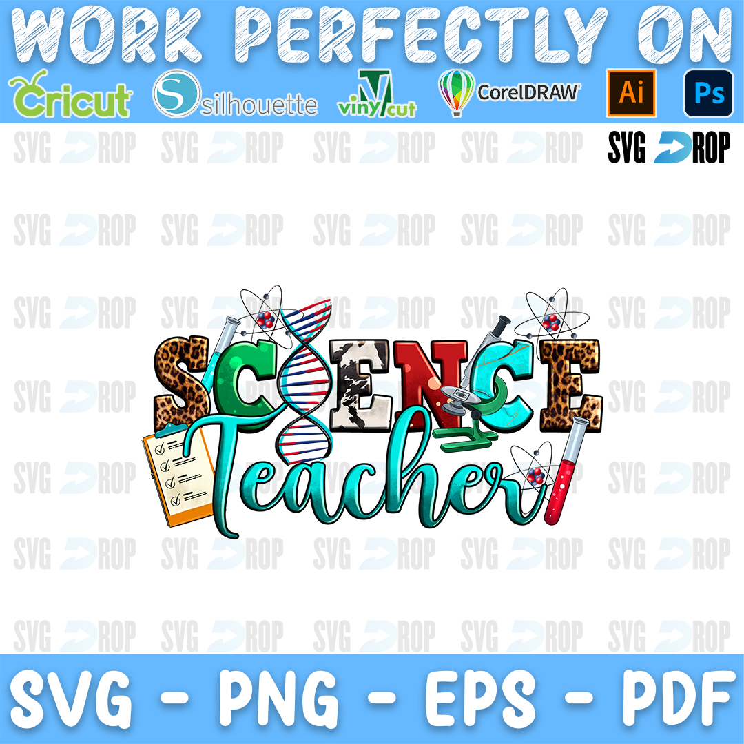 Science Teacher lettering in leopard, serape and turquoise script letters with a DNA strand, an atom and lab tools. Sublimation PNG