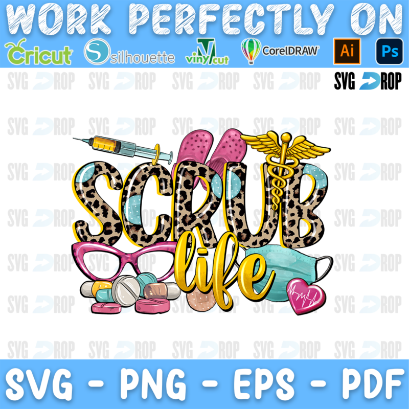 Scrub Life lettering in leopard and gold script letters with medical tools, glasses, a face mask and pink clogs. Sublimation PNG