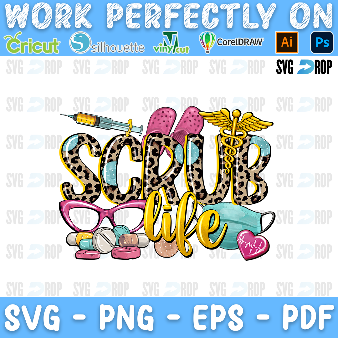 Scrub Life lettering in leopard and gold script letters with medical tools, glasses, a face mask and pink clogs. Sublimation PNG